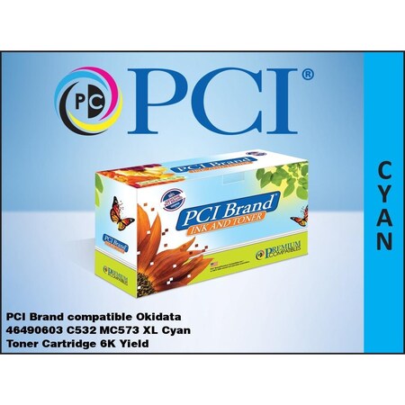 Pci Compatible Okidata 46490603 XL Cyan Toner 6K Page Yield for Okidata C532, C532dn, MC573 46490603-PCI